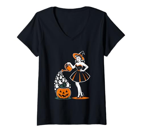 Damen Retro Halloween Pinup Hexe 1950er Stil Gruseliges Pin-Up Girl T-Shirt mit V-Ausschnitt von Retro Halloween Pinup Witch Pumpkin Ghost Costume