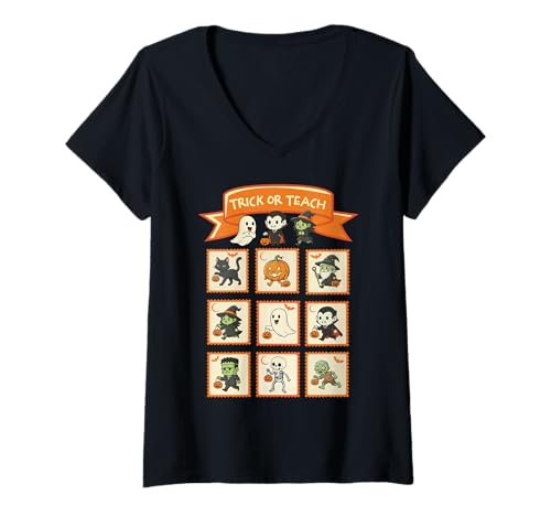 Damen Halloween Lehrer Stempel Niedliche Kostüme Trick Or Teach Kinder T-Shirt mit V-Ausschnitt von Retro Halloween Stamps