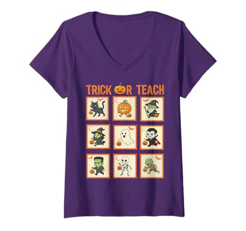 Damen Halloween Lehrer Stempel Niedliche Kostüme Trick Or Teach Kinder T-Shirt mit V-Ausschnitt von Retro Halloween Stamps