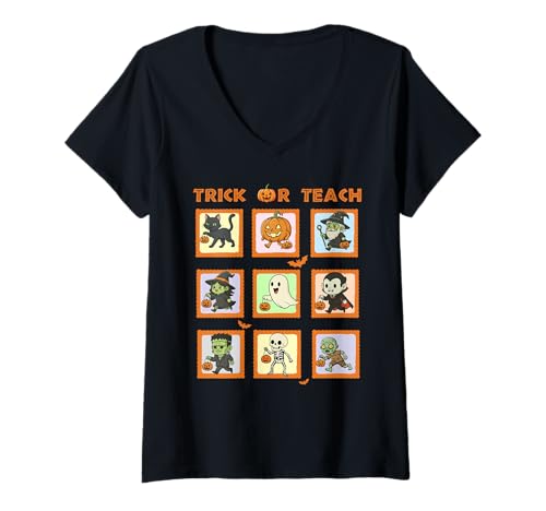 Damen Halloween Lehrer Stempel Niedliche Kostüme Trick Or Teach Kinder T-Shirt mit V-Ausschnitt von Retro Halloween Stamps