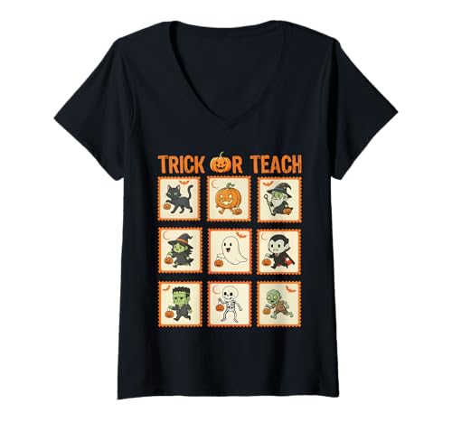 Damen Halloween Lehrer Stempel Niedliche Kostüme Trick Or Teach Kinder T-Shirt mit V-Ausschnitt von Retro Halloween Stamps