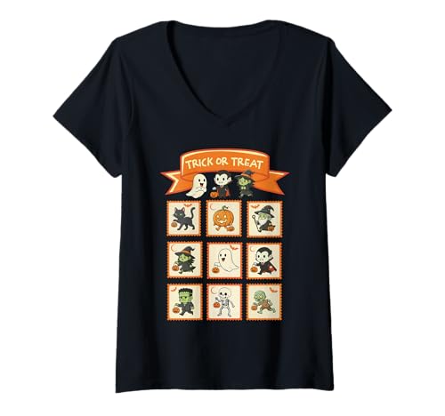 Damen Halloween Lehrer Stempel Niedliche Kostüme Trick Or Treat Kinder T-Shirt mit V-Ausschnitt von Retro Halloween Stamps