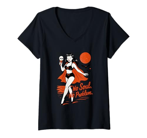 Damen No Soul No Problem Retro Vampir Fun T-Shirt mit V-Ausschnitt Damen No Soul No Problem Retro Vampir Fun T-Shirt mit V-Ausschnitt von Retro Halloween Vampire Gothic Vibes