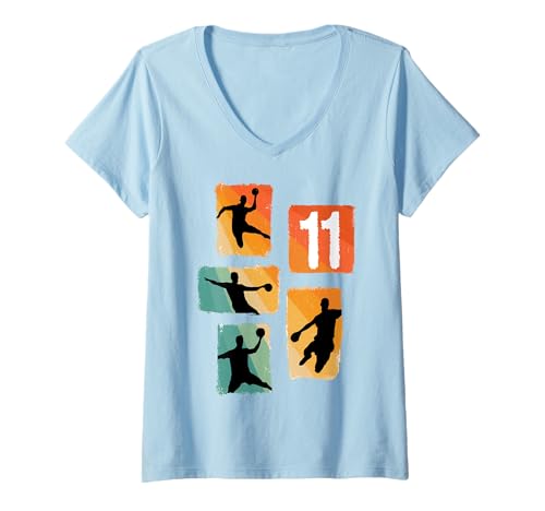Damen Handball Silhouette Retro Zahl 11 Spieler Sport Geburtstag T-Shirt mit V-Ausschnitt Damen Handball Silhouette Retro Zahl 11 Spieler Sport Geburtstag T-Shirt mit V-Ausschnitt von Retro Handball Spieler Sport Nummer