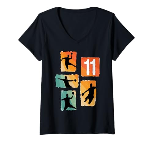 Damen Handball Silhouette Retro Zahl 11 Spieler Sport Geburtstag T-Shirt mit V-Ausschnitt Damen Handball Silhouette Retro Zahl 11 Spieler Sport Geburtstag T-Shirt mit V-Ausschnitt von Retro Handball Spieler Sport Nummer