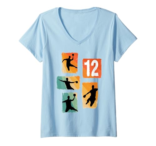Damen Handball Silhouette Retro Zahl 12 Spieler Sport Geburtstag T-Shirt mit V-Ausschnitt Damen Handball Silhouette Retro Zahl 12 Spieler Sport Geburtstag T-Shirt mit V-Ausschnitt von Retro Handball Spieler Sport Nummer