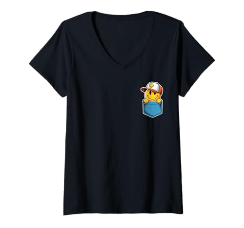 Damen Happy Face im Retro-Look mit Trucker-Mütze aus Pocket Fun T-Shirt mit V-Ausschnitt von Retro Happy Face Pocket Graphic Streetwear Co.