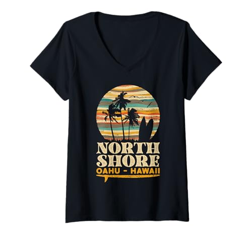 Damen Vintage North Shore Oahu Hawaii Sonnenuntergang Surf - T-Shirt mit V-Ausschnitt Damen Vintage North Shore Oahu Hawaii Sonnenuntergang Surf - T-Shirt mit V-Ausschnitt von Retro Hawaii Surf Culture Design