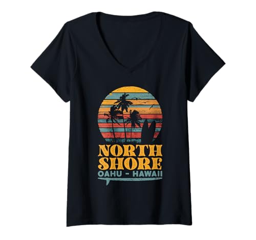 Damen Vintage North Shore Oahu Hawaii Sonnenuntergang Surf - T-Shirt mit V-Ausschnitt von Retro Hawaii Surf Culture Design