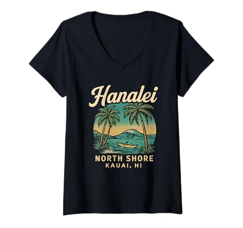 Damen Retro Hanalei Shirt North Shore Vintage Hawaii Surf Hawaii Hawaii T-Shirt mit V-Ausschnitt von Retro Hawaiian Surf Tee Vintage Hanalei Surfing