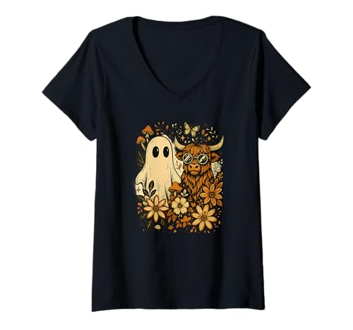 Damen Highland Cow & Ghost Retro Herbst Floral Aesthetic T-Shirt mit V-Ausschnitt von Retro Highland Autumn Co.