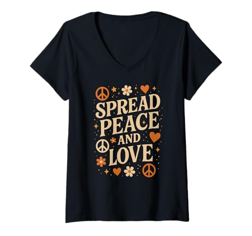 Damen Retro Spread Peace and Love Shirt Hippie 70er Vintage Women T-Shirt mit V-Ausschnitt von Retro Hippie Peace Love Positivity Vintage Shirts
