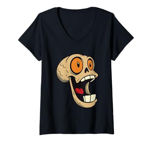 Damen Verrückter Totenkopf mit großen Augen T-Shirt mit V-Ausschnitt Damen Verrückter Totenkopf mit großen Augen T-Shirt mit V-Ausschnitt von Retro Horror Comic Schädel Kunst