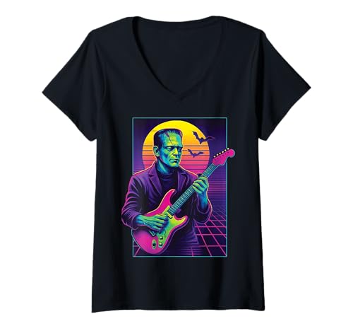 Damen Frankenstein Halloween Monster spielt Gitarre 80er Jahre Vaporwave T-Shirt mit V-Ausschnitt von Retro Horror Music Lovers Shirts & Gifts