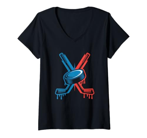 Damen Hockeyschläger Puck Eisbahn Sport Dripping Paint Art Sport T-Shirt mit V-Ausschnitt Damen Hockeyschläger Puck Eisbahn Sport Dripping Paint Art Sport T-Shirt mit V-Ausschnitt von Retro Ice Hockey Player Gear Team Match Sport