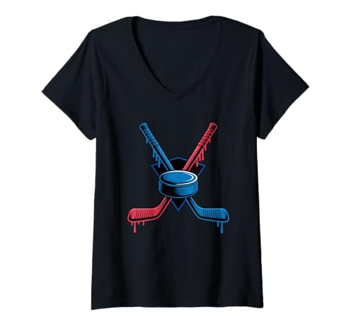 Damen Hockeyschläger Puck Eisbahn Sport Dripping Paint Art Sport T-Shirt mit V-Ausschnitt Damen Hockeyschläger Puck Eisbahn Sport Dripping Paint Art Sport T-Shirt mit V-Ausschnitt von Retro Ice Hockey Player Gear Team Match Sport