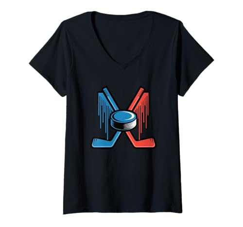 Damen Hockeyschläger Puck Eisbahn Sport Dripping Paint Art Sport T-Shirt mit V-Ausschnitt Damen Hockeyschläger Puck Eisbahn Sport Dripping Paint Art Sport T-Shirt mit V-Ausschnitt von Retro Ice Hockey Player Gear Team Match Sport
