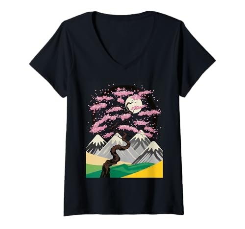 Damen Japanischer Sakura-Baum Blüte Mond Berg Nacht Kunst T-Shirt mit V-Ausschnitt Damen Japanischer Sakura-Baum Blüte Mond Berg Nacht Kunst T-Shirt mit V-Ausschnitt von Retro Japan Aesthetic Cherry Flower Landscape
