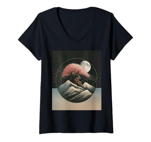 Damen Japanischer Sakura-Baum Blüte Mond Berg Nacht Kunst T-Shirt mit V-Ausschnitt Damen Japanischer Sakura-Baum Blüte Mond Berg Nacht Kunst T-Shirt mit V-Ausschnitt von Retro Japan Aesthetic Cherry Flower Landscape