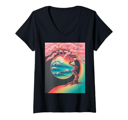 Damen Japanischer Sakura-Baum Blüte Mond Berg Nacht Kunst T-Shirt mit V-Ausschnitt Damen Japanischer Sakura-Baum Blüte Mond Berg Nacht Kunst T-Shirt mit V-Ausschnitt von Retro Japan Aesthetic Cherry Flower Landscape