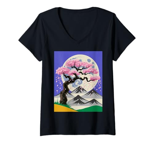Damen Japanischer Sakura-Baum Blüte Mond Berg Nacht Kunst T-Shirt mit V-Ausschnitt Damen Japanischer Sakura-Baum Blüte Mond Berg Nacht Kunst T-Shirt mit V-Ausschnitt von Retro Japan Aesthetic Cherry Flower Landscape
