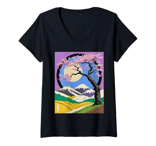 Damen Japanischer Sakura-Baum Blüte Mond Berg Nacht Kunst T-Shirt mit V-Ausschnitt Damen Japanischer Sakura-Baum Blüte Mond Berg Nacht Kunst T-Shirt mit V-Ausschnitt von Retro Japan Aesthetic Cherry Flower Landscape