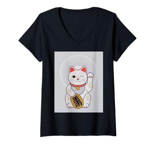 Damen Glückskatze Maneki Neko Japanische Glücksbringer Kunst T-Shirt mit V-Ausschnitt Damen Glückskatze Maneki Neko Japanische Glücksbringer Kunst T-Shirt mit V-Ausschnitt von Retro Japan Aesthetic Feline Good Luck Symbol