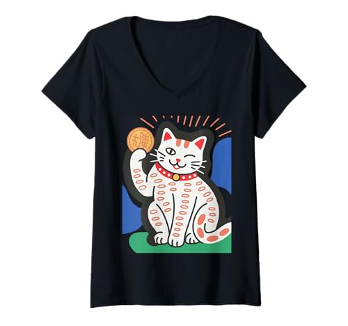 Damen Glückskatze Maneki Neko Japanische Glücksbringer Kunst T-Shirt mit V-Ausschnitt Damen Glückskatze Maneki Neko Japanische Glücksbringer Kunst T-Shirt mit V-Ausschnitt von Retro Japan Aesthetic Feline Good Luck Symbol