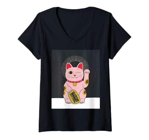 Damen Glückskatze Maneki Neko Japanische Glücksbringer Kunst T-Shirt mit V-Ausschnitt Damen Glückskatze Maneki Neko Japanische Glücksbringer Kunst T-Shirt mit V-Ausschnitt von Retro Japan Aesthetic Feline Good Luck Symbol
