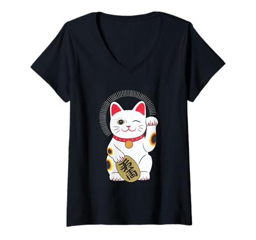 Damen Glückskatze Maneki Neko Japanische Glücksbringer Kunst T-Shirt mit V-Ausschnitt Damen Glückskatze Maneki Neko Japanische Glücksbringer Kunst T-Shirt mit V-Ausschnitt von Retro Japan Aesthetic Feline Good Luck Symbol