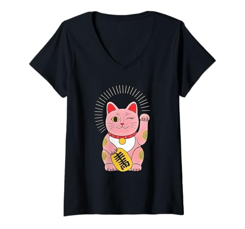 Damen Glückskatze Maneki Neko Japanische Glücksbringer Kunst T-Shirt mit V-Ausschnitt Damen Glückskatze Maneki Neko Japanische Glücksbringer Kunst T-Shirt mit V-Ausschnitt von Retro Japan Aesthetic Feline Good Luck Symbol