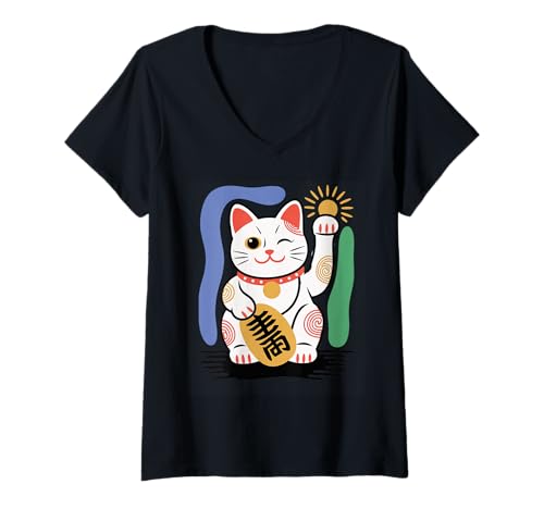 Damen Glückskatze Maneki Neko Japanische Glücksbringer Kunst T-Shirt mit V-Ausschnitt Damen Glückskatze Maneki Neko Japanische Glücksbringer Kunst T-Shirt mit V-Ausschnitt von Retro Japan Aesthetic Feline Good Luck Symbol