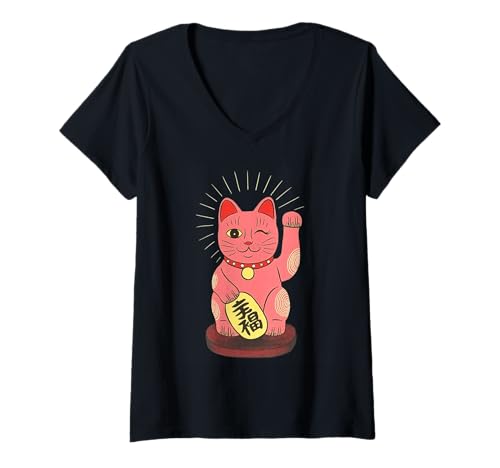 Damen Glückskatze Maneki Neko Japanische Glücksbringer Kunst T-Shirt mit V-Ausschnitt Damen Glückskatze Maneki Neko Japanische Glücksbringer Kunst T-Shirt mit V-Ausschnitt von Retro Japan Aesthetic Feline Good Luck Symbol