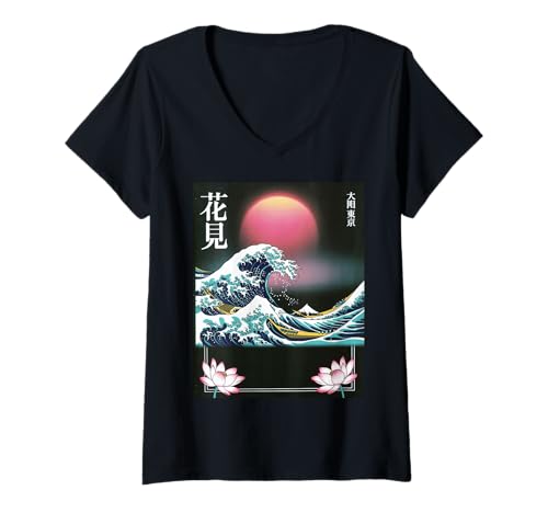 Damen Japanische Wave Art Hanami Lotus Sunset Mount Fuji Damen Herren T-Shirt mit V-Ausschnitt Damen Japanische Wave Art Hanami Lotus Sunset Mount Fuji Damen Herren T-Shirt mit V-Ausschnitt von Retro Japan Aesthetic Ocean Sunrise Cultural