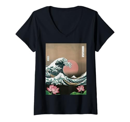 Damen Japanische Wave Art Hanami Lotus Sunset Mount Fuji Damen Herren T-Shirt mit V-Ausschnitt Damen Japanische Wave Art Hanami Lotus Sunset Mount Fuji Damen Herren T-Shirt mit V-Ausschnitt von Retro Japan Aesthetic Ocean Sunrise Cultural