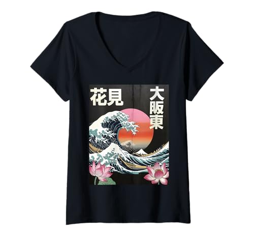 Damen Japanische Wave Art Hanami Lotus Sunset Mount Fuji Damen Herren T-Shirt mit V-Ausschnitt Damen Japanische Wave Art Hanami Lotus Sunset Mount Fuji Damen Herren T-Shirt mit V-Ausschnitt von Retro Japan Aesthetic Ocean Sunrise Cultural