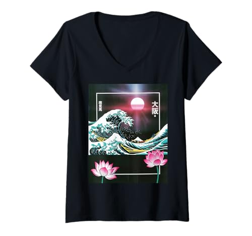 Damen Japanische Wave Art Hanami Lotus Sunset Mount Fuji Damen Herren T-Shirt mit V-Ausschnitt Damen Japanische Wave Art Hanami Lotus Sunset Mount Fuji Damen Herren T-Shirt mit V-Ausschnitt von Retro Japan Aesthetic Ocean Sunrise Cultural