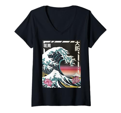 Damen Japanische Wave Art Hanami Lotus Sunset Mount Fuji Damen Herren T-Shirt mit V-Ausschnitt Damen Japanische Wave Art Hanami Lotus Sunset Mount Fuji Damen Herren T-Shirt mit V-Ausschnitt von Retro Japan Aesthetic Ocean Sunrise Cultural