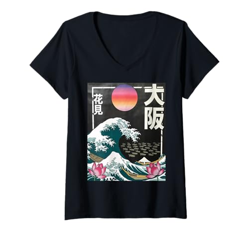 Damen Japanische Wave Art Hanami Lotus Sunset Mount Fuji Damen Herren T-Shirt mit V-Ausschnitt Damen Japanische Wave Art Hanami Lotus Sunset Mount Fuji Damen Herren T-Shirt mit V-Ausschnitt von Retro Japan Aesthetic Ocean Sunrise Cultural