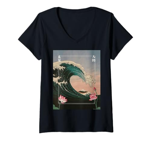 Damen Japanische Wave Art Hanami Lotus Sunset Mount Fuji Damen Herren T-Shirt mit V-Ausschnitt Damen Japanische Wave Art Hanami Lotus Sunset Mount Fuji Damen Herren T-Shirt mit V-Ausschnitt von Retro Japan Aesthetic Ocean Sunrise Cultural