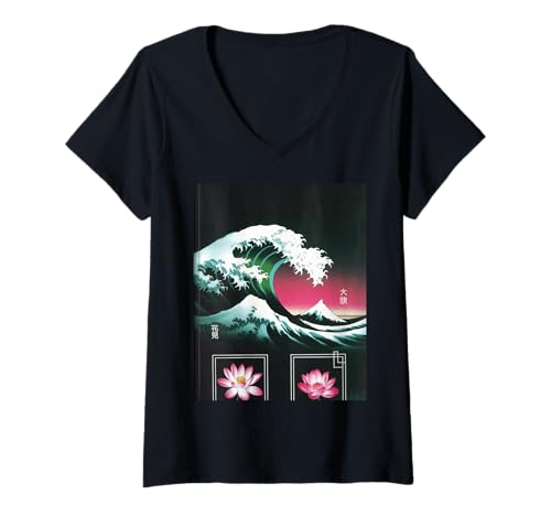 Damen Japanische Wave Art Hanami Lotus Sunset Mount Fuji Damen Herren T-Shirt mit V-Ausschnitt Damen Japanische Wave Art Hanami Lotus Sunset Mount Fuji Damen Herren T-Shirt mit V-Ausschnitt von Retro Japan Aesthetic Ocean Sunrise Cultural