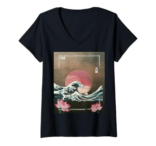 Damen Japanische Wave Art Hanami Lotus Sunset Mount Fuji Damen Herren T-Shirt mit V-Ausschnitt Damen Japanische Wave Art Hanami Lotus Sunset Mount Fuji Damen Herren T-Shirt mit V-Ausschnitt von Retro Japan Aesthetic Ocean Sunrise Cultural