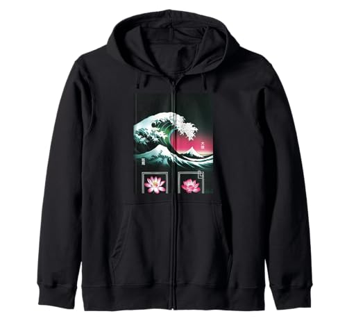 Japanische Wave Art Hanami Lotus Sunset Mount Fuji Damen Herren Kapuzenjacke Japanische Wave Art Hanami Lotus Sunset Mount Fuji Damen Herren Kapuzenjacke von Retro Japan Aesthetic Ocean Sunrise Cultural