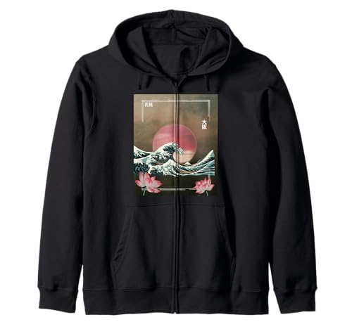 Japanische Wave Art Hanami Lotus Sunset Mount Fuji Damen Herren Kapuzenjacke Japanische Wave Art Hanami Lotus Sunset Mount Fuji Damen Herren Kapuzenjacke von Retro Japan Aesthetic Ocean Sunrise Cultural
