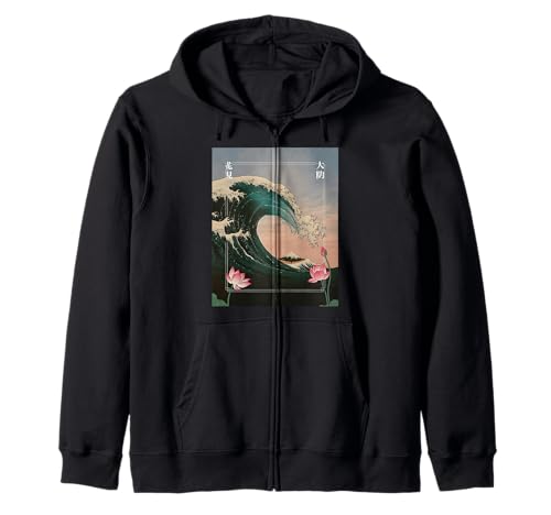 Japanische Wave Art Hanami Lotus Sunset Mount Fuji Damen Herren Kapuzenjacke Japanische Wave Art Hanami Lotus Sunset Mount Fuji Damen Herren Kapuzenjacke von Retro Japan Aesthetic Ocean Sunrise Cultural