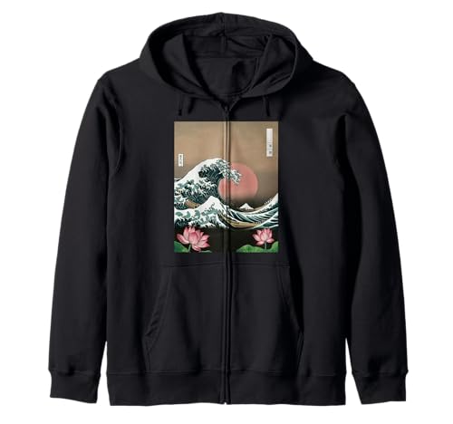 Japanische Wave Art Hanami Lotus Sunset Mount Fuji Damen Herren Kapuzenjacke Japanische Wave Art Hanami Lotus Sunset Mount Fuji Damen Herren Kapuzenjacke von Retro Japan Aesthetic Ocean Sunrise Cultural