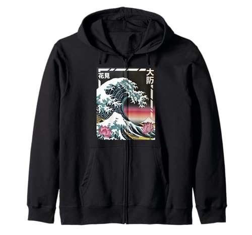 Japanische Wave Art Hanami Lotus Sunset Mount Fuji Damen Herren Kapuzenjacke Japanische Wave Art Hanami Lotus Sunset Mount Fuji Damen Herren Kapuzenjacke von Retro Japan Aesthetic Ocean Sunrise Cultural