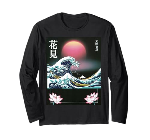Japanische Wave Art Hanami Lotus Sunset Mount Fuji Damen Herren Langarmshirt Japanische Wave Art Hanami Lotus Sunset Mount Fuji Damen Herren Langarmshirt von Retro Japan Aesthetic Ocean Sunrise Cultural