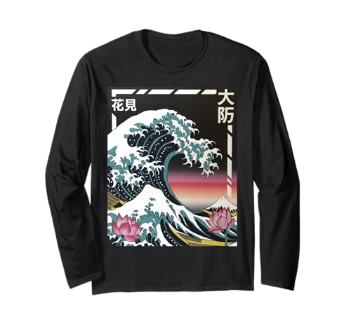 Japanische Wave Art Hanami Lotus Sunset Mount Fuji Damen Herren Langarmshirt von Retro Japan Aesthetic Ocean Sunrise Cultural