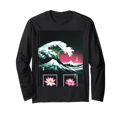 Japanische Wave Art Hanami Lotus Sunset Mount Fuji Damen Herren Langarmshirt Japanische Wave Art Hanami Lotus Sunset Mount Fuji Damen Herren Langarmshirt von Retro Japan Aesthetic Ocean Sunrise Cultural